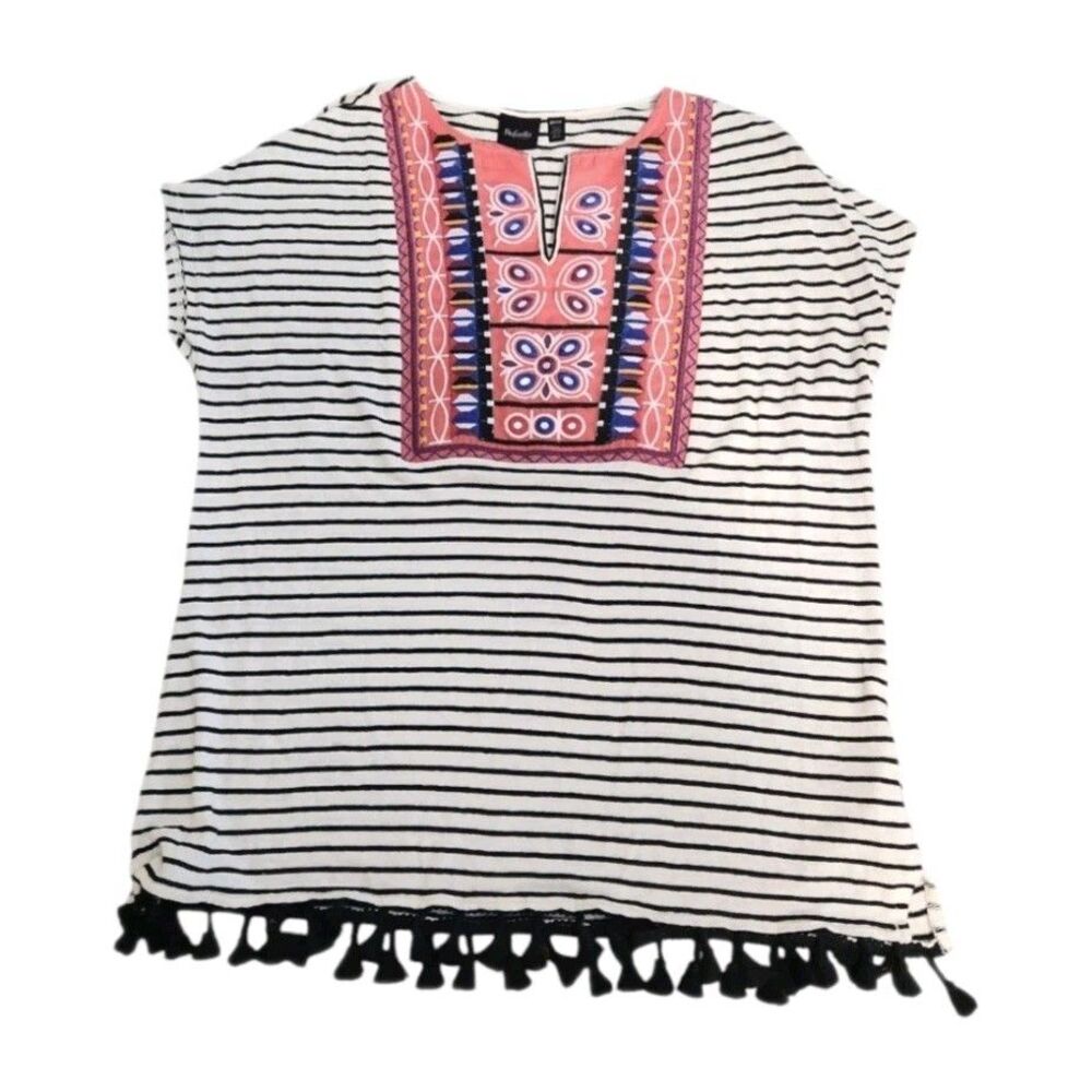 Rafaella Women Linen Blend Striped Embroided Boho Aztec Fringe Top SZ Med Petite